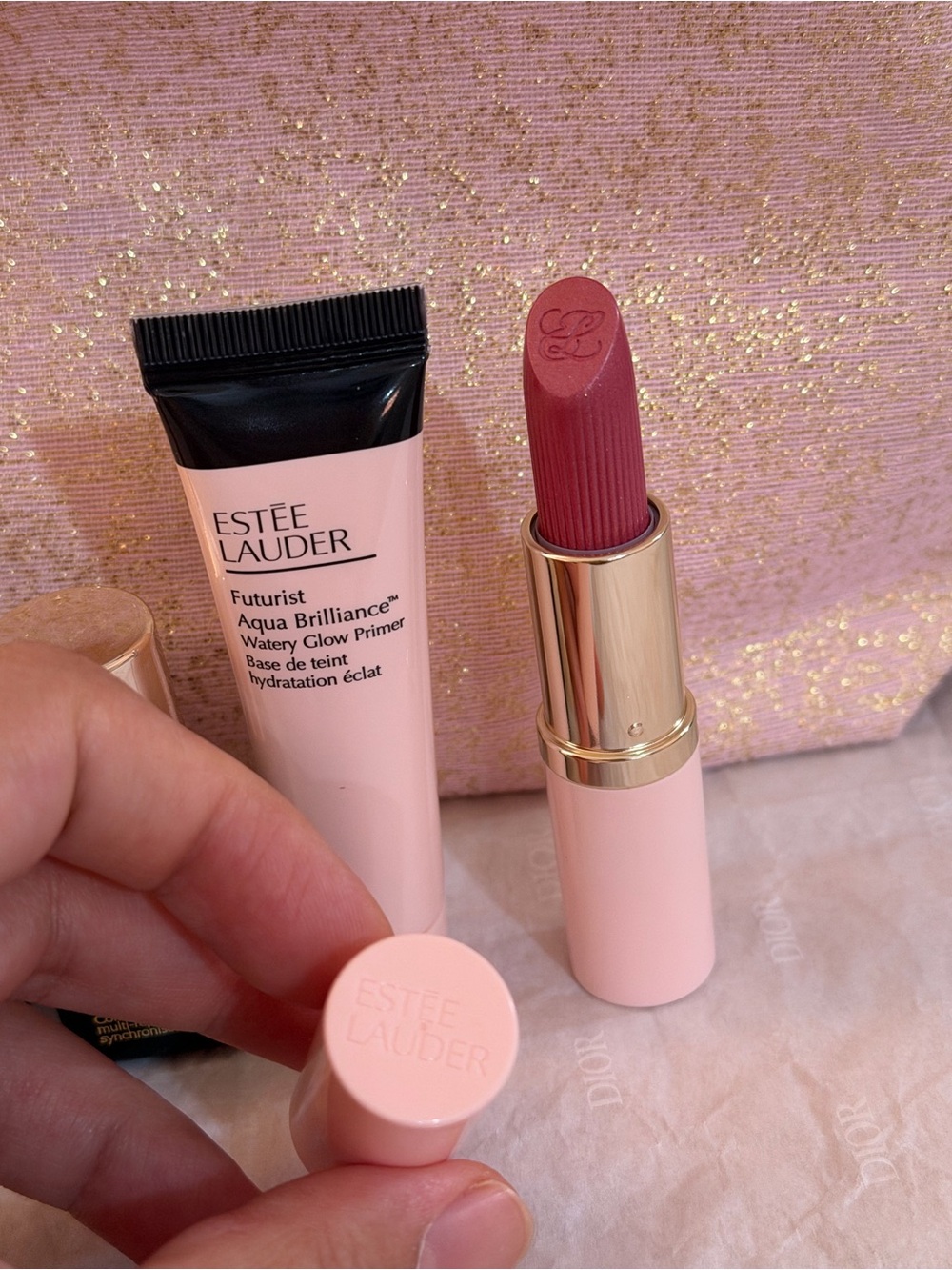 Estee Lauder Pink Glitter Cosmetic Pouch with Skincare & Lipstick - Picture 5 of 12